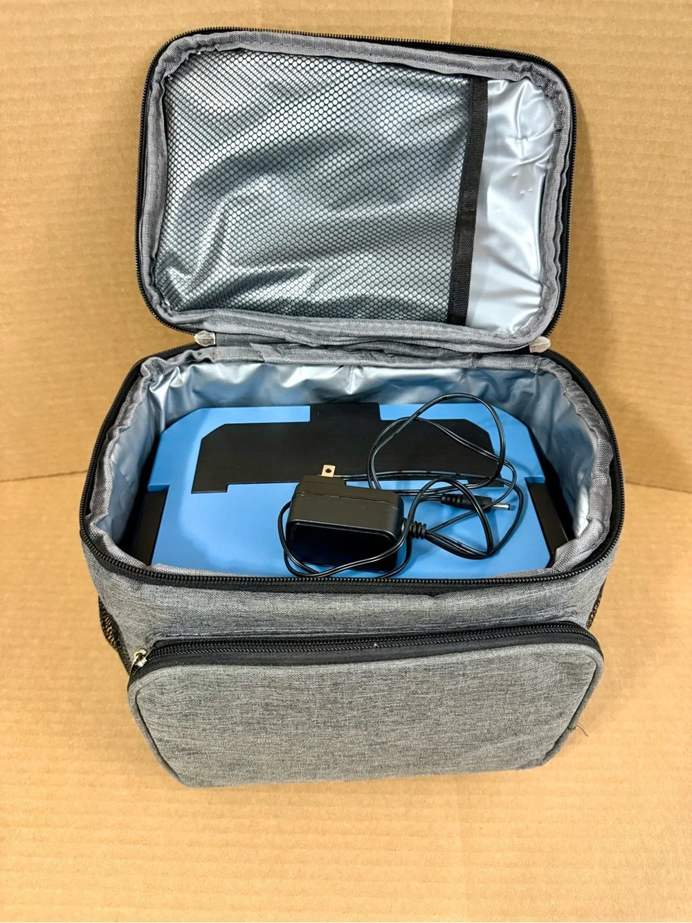 Portable Blue Travel Heated Lunch Box with Digital Control and Gray Carry Bag